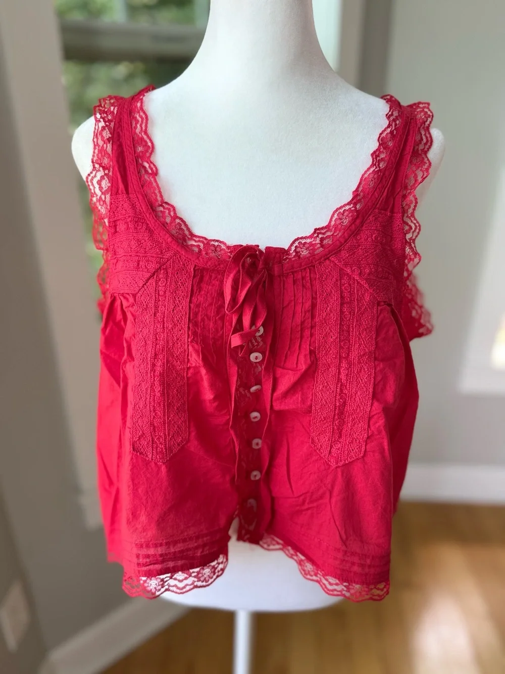 Vintage Red Cotton Lace-Trim Button Front Camisole Tank Top Size Large - Picture 1 of 9